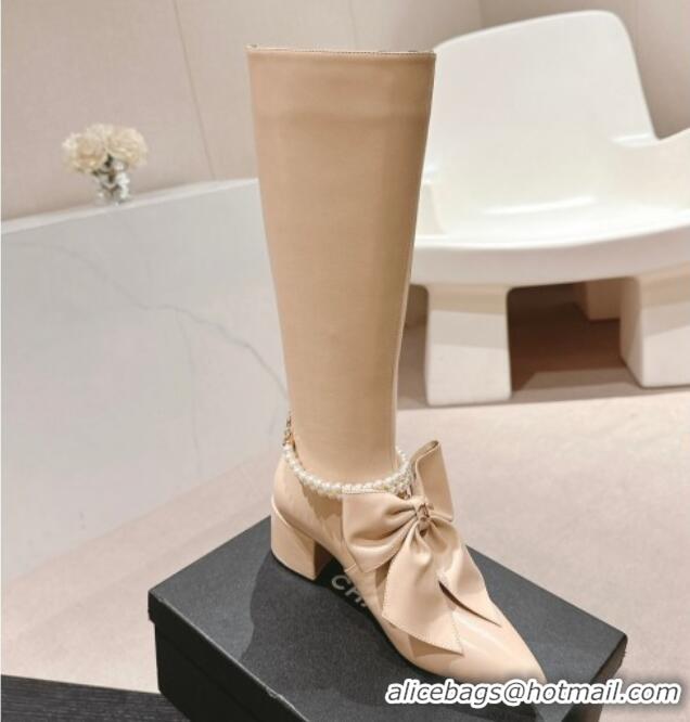 Sumptuous Chanel Calfskin Heel High Boots 5.5cm with Maxi Bow and Pearls Beige 816062