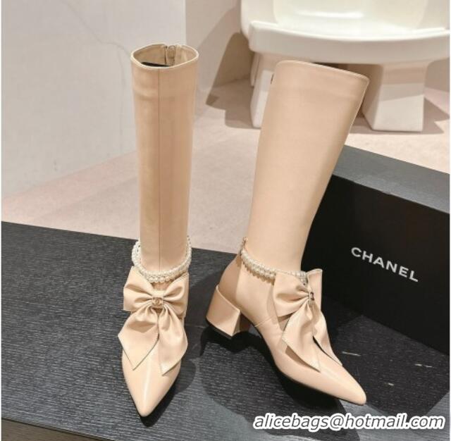 Sumptuous Chanel Calfskin Heel High Boots 5.5cm with Maxi Bow and Pearls Beige 816062