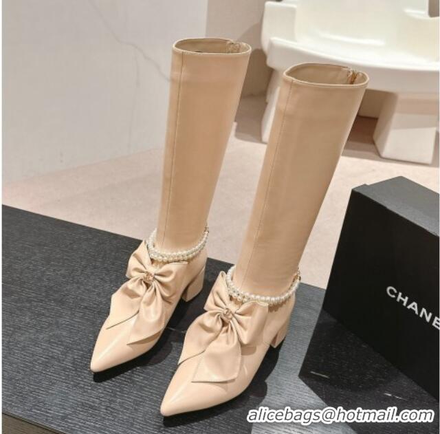 Sumptuous Chanel Calfskin Heel High Boots 5.5cm with Maxi Bow and Pearls Beige 816062