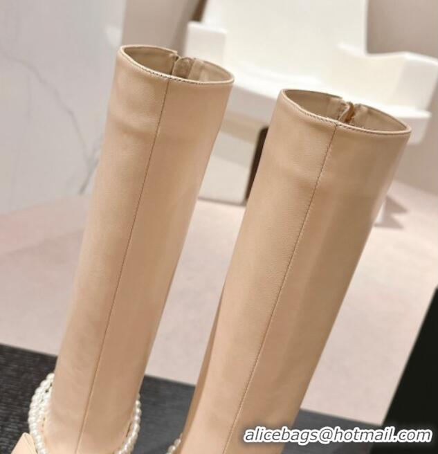 Sumptuous Chanel Calfskin Heel High Boots 5.5cm with Maxi Bow and Pearls Beige 816062