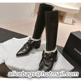 Stylish Chanel Calfskin Heel High Boots 5.5cm with Maxi Bow and Pearls Black 816063