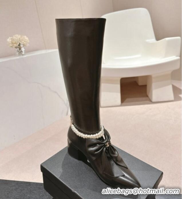 Stylish Chanel Calfskin Heel High Boots 5.5cm with Maxi Bow and Pearls Black 816063