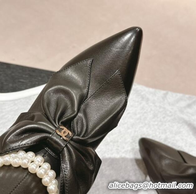 Stylish Chanel Calfskin Heel High Boots 5.5cm with Maxi Bow and Pearls Black 816063