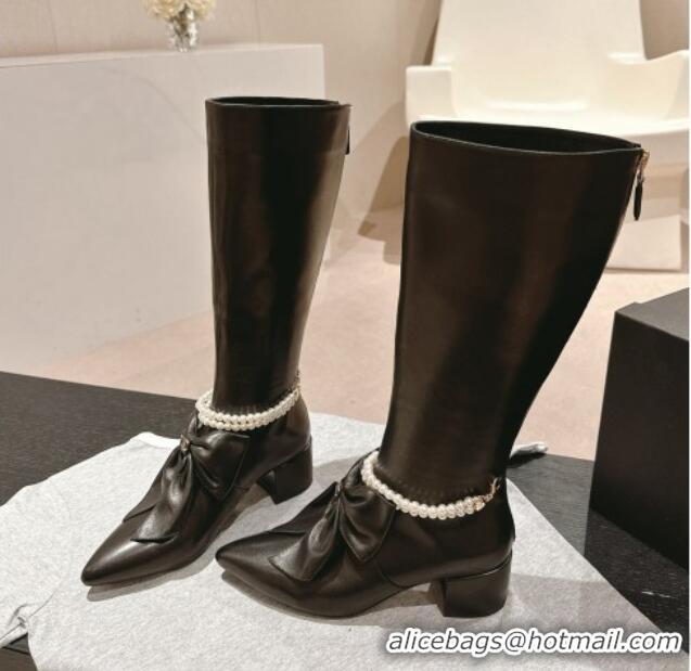 Stylish Chanel Calfskin Heel High Boots 5.5cm with Maxi Bow and Pearls Black 816063