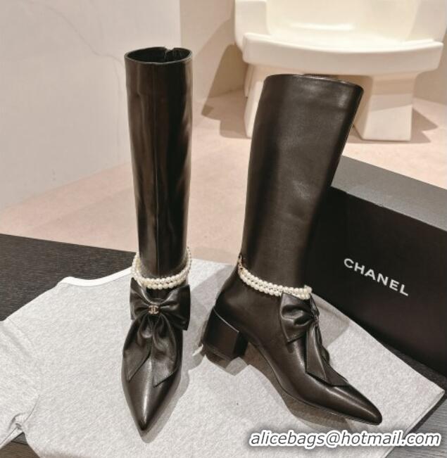 Stylish Chanel Calfskin Heel High Boots 5.5cm with Maxi Bow and Pearls Black 816063