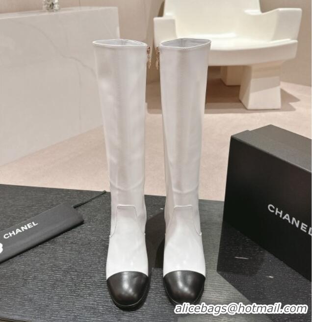 Top Design Chanel Calfskin Heel High Boots White 816067