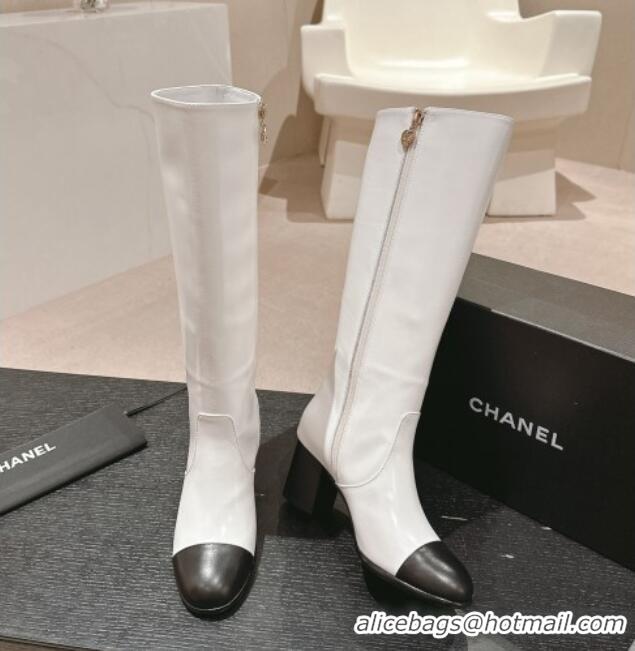 Top Design Chanel Calfskin Heel High Boots White 816067