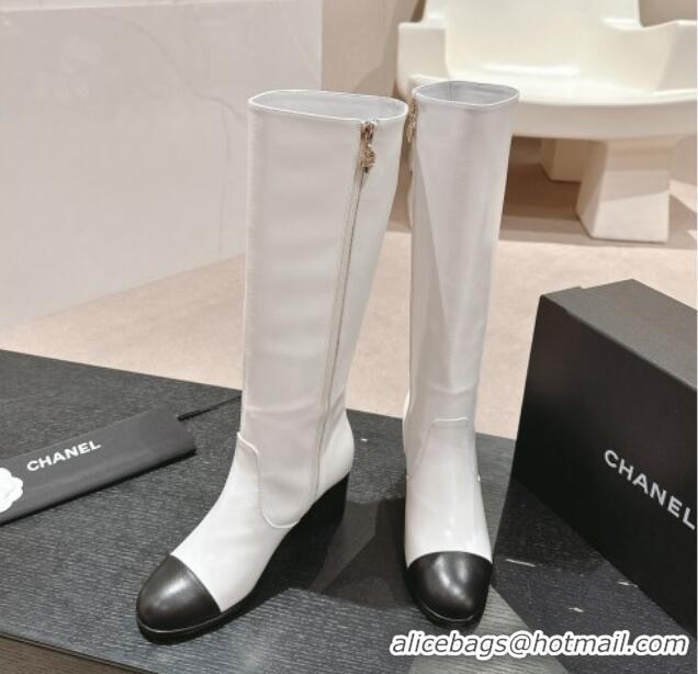 Top Design Chanel Calfskin Heel High Boots White 816067