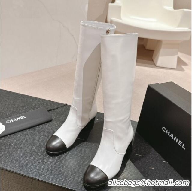 Top Design Chanel Calfskin Heel High Boots White 816067