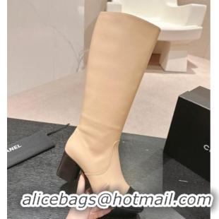 Perfect Chanel Calfskin Heel High Boots Beige 816068