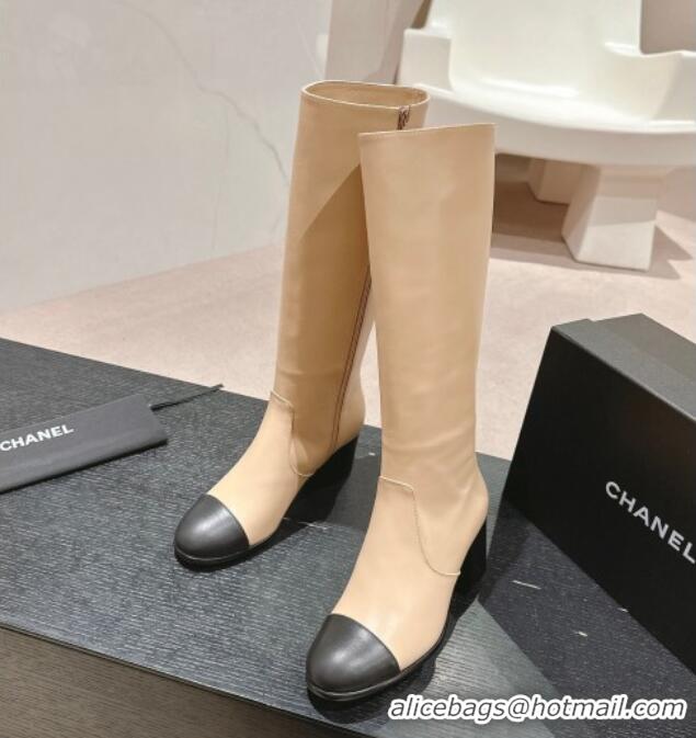 Perfect Chanel Calfskin Heel High Boots Beige 816068