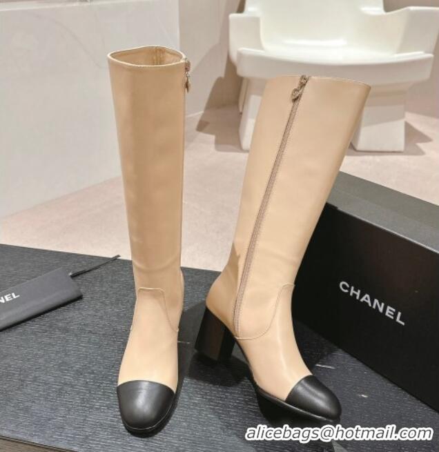 Perfect Chanel Calfskin Heel High Boots Beige 816068