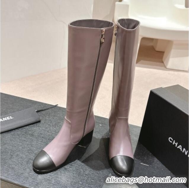 Cheap Price Chanel Calfskin Heel High Boots Dusty Purple 816069