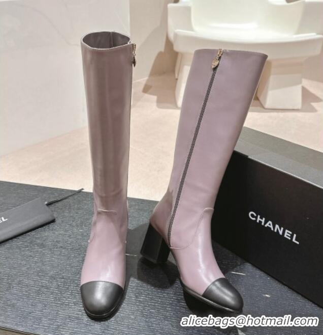 Cheap Price Chanel Calfskin Heel High Boots Dusty Purple 816069