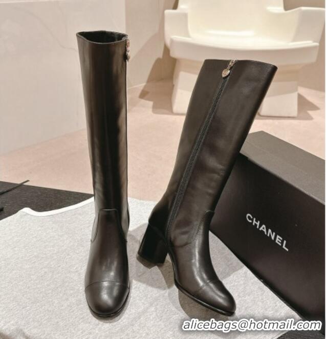 Charming Chanel Calfskin Heel High Boots Black 816070