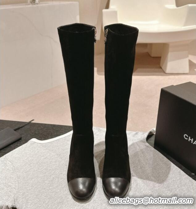 Grade Quality Chanel Suede Heel High Boots Black 816071