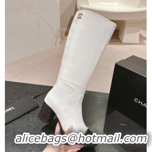 Big Discount Chanel Calfskin Heel High Boots with Chain White 816072