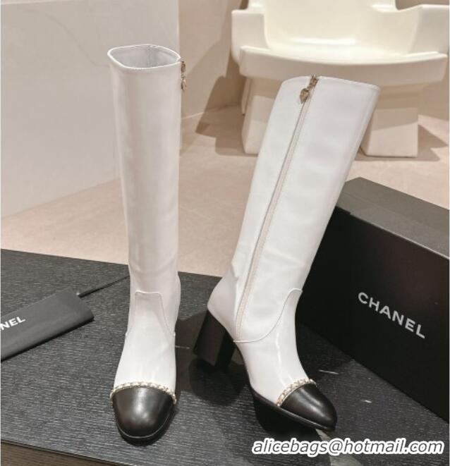 Big Discount Chanel Calfskin Heel High Boots with Chain White 816072