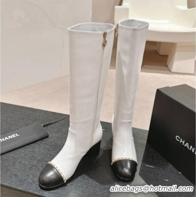 Big Discount Chanel Calfskin Heel High Boots with Chain White 816072