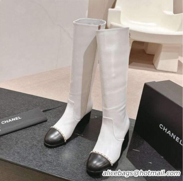 Big Discount Chanel Calfskin Heel High Boots with Chain White 816072