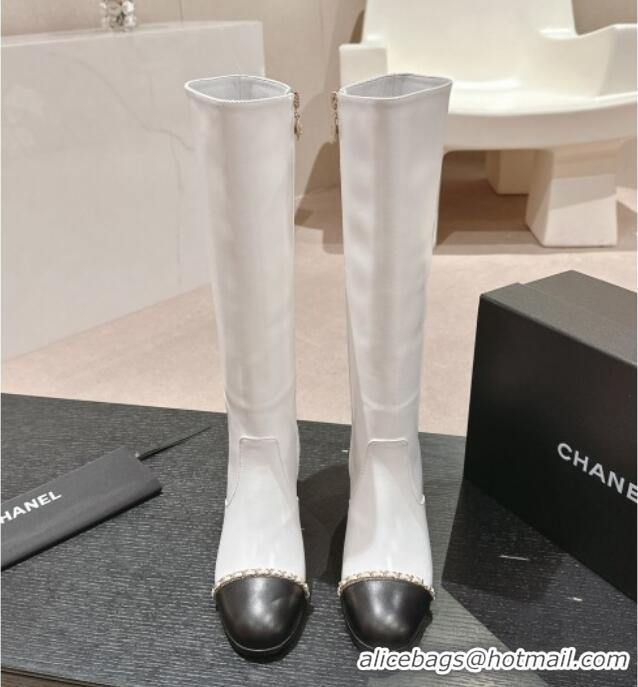 Big Discount Chanel Calfskin Heel High Boots with Chain White 816072