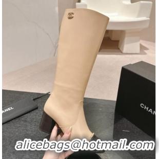 Lower Price Chanel Calfskin Heel High Boots with Chain Beige 816073