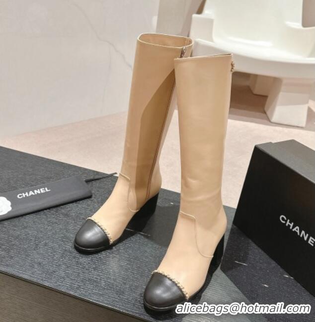 Lower Price Chanel Calfskin Heel High Boots with Chain Beige 816073