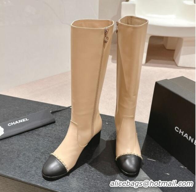 Lower Price Chanel Calfskin Heel High Boots with Chain Beige 816073