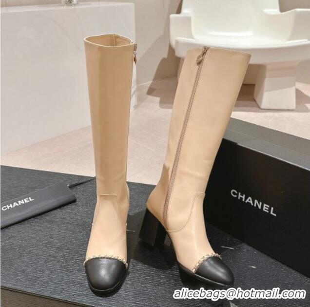 Lower Price Chanel Calfskin Heel High Boots with Chain Beige 816073