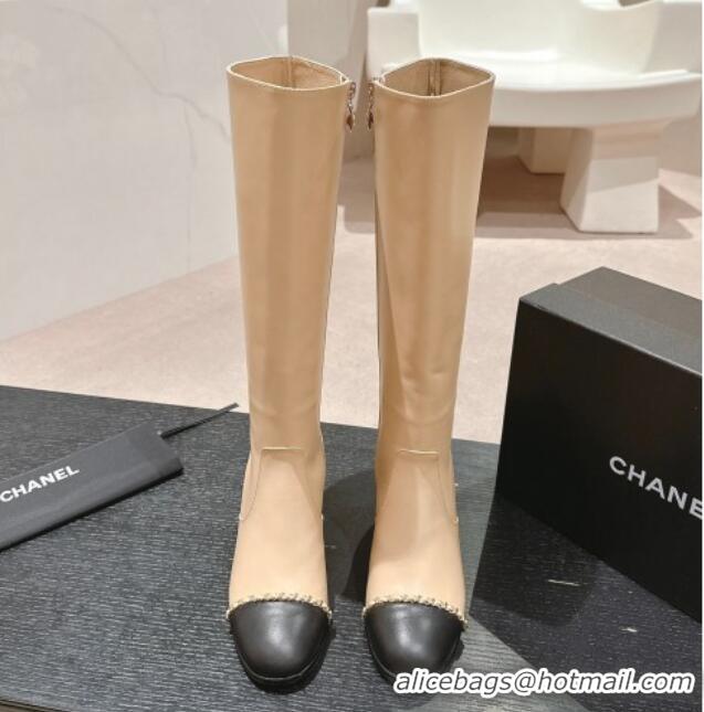 Lower Price Chanel Calfskin Heel High Boots with Chain Beige 816073