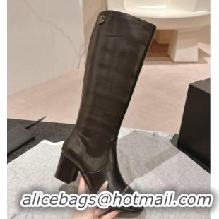 Good Quality Chanel Calfskin Heel High Boots with Chain Black 816074