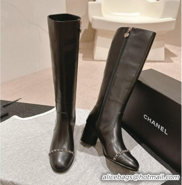 Good Quality Chanel Calfskin Heel High Boots with Chain Black 816074