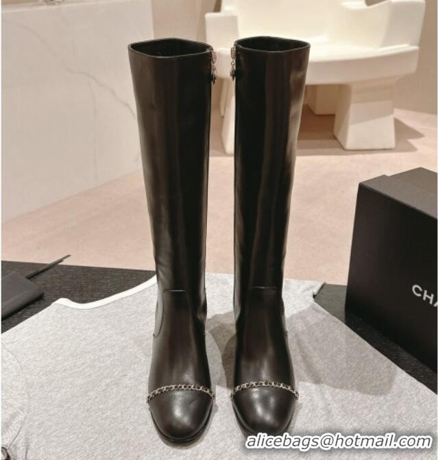 Good Quality Chanel Calfskin Heel High Boots with Chain Black 816074