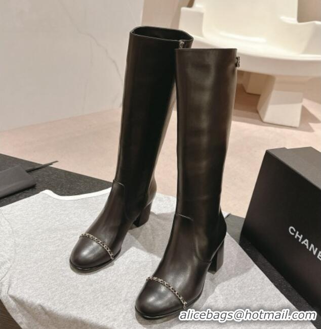 Good Quality Chanel Calfskin Heel High Boots with Chain Black 816074