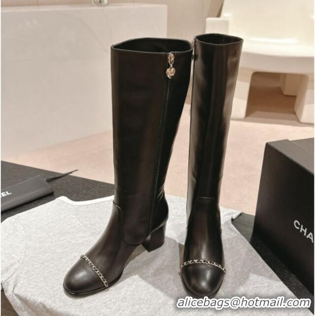 Good Quality Chanel Calfskin Heel High Boots with Chain Black 816074