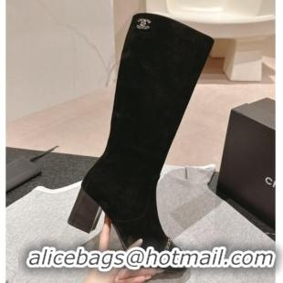 Buy Luxury Chanel Suede Heel High Boots with Chain Black 816075