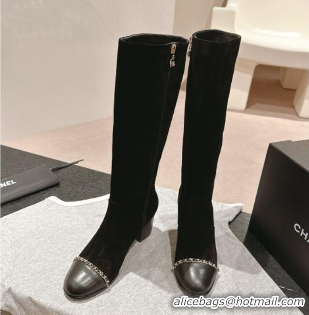 Buy Luxury Chanel Suede Heel High Boots with Chain Black 816075