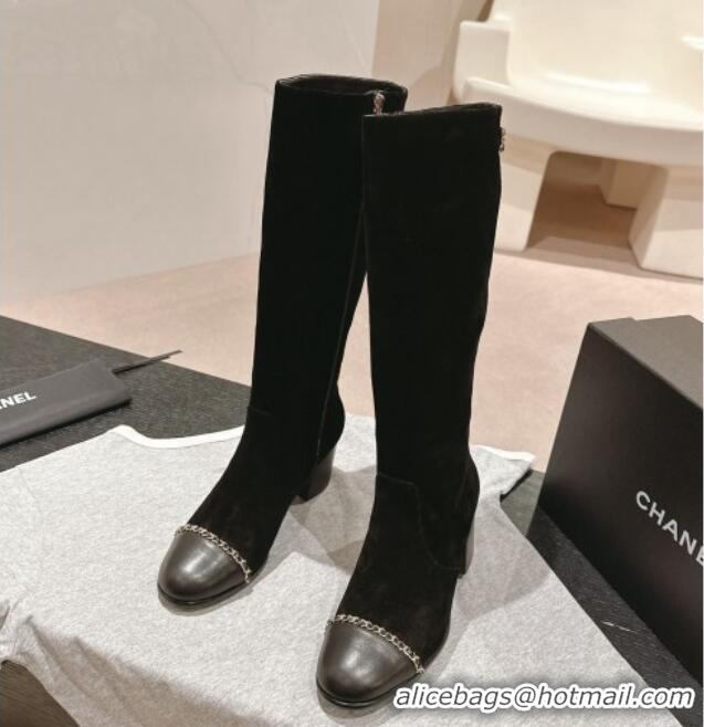 Buy Luxury Chanel Suede Heel High Boots with Chain Black 816075