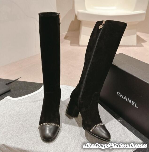 Buy Luxury Chanel Suede Heel High Boots with Chain Black 816075