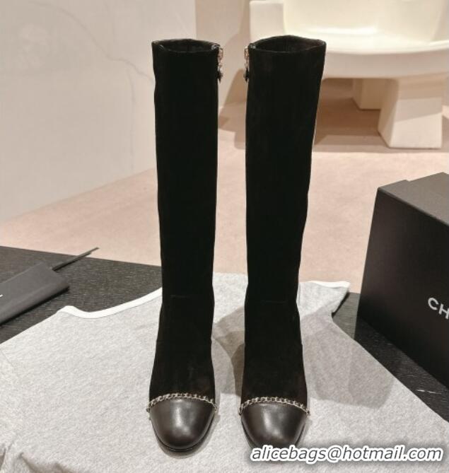 Buy Luxury Chanel Suede Heel High Boots with Chain Black 816075