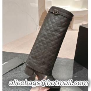 Cheapest Chanel Calfskin Heel High Boots with Foldover and Buckle Strap Black 816077