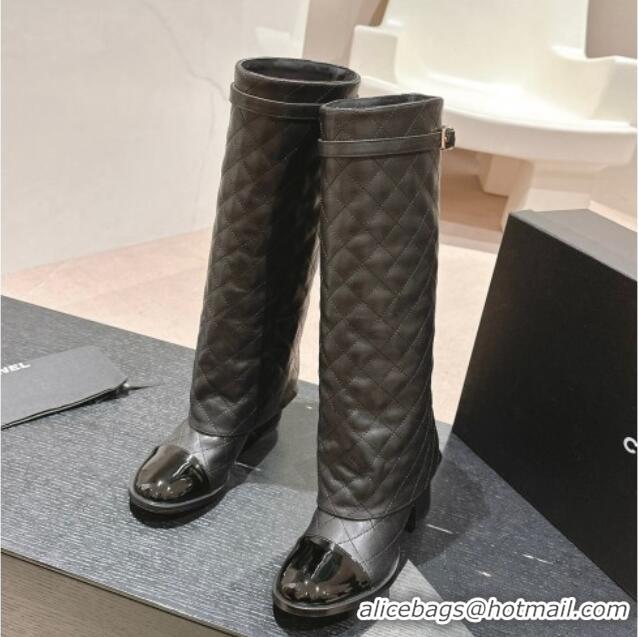 Cheapest Chanel Calfskin Heel High Boots with Foldover and Buckle Strap Black 816077