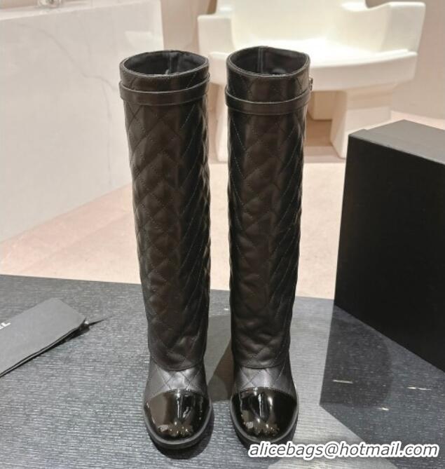 Cheapest Chanel Calfskin Heel High Boots with Foldover and Buckle Strap Black 816077