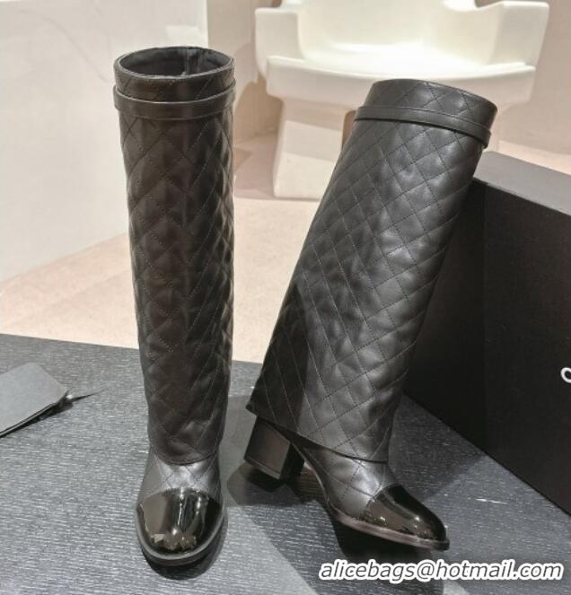 Cheapest Chanel Calfskin Heel High Boots with Foldover and Buckle Strap Black 816077