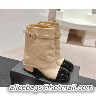 Good Product Chanel Calfskin Heel Ankle Boots with Foldover and Buckle Strap Beige 816078