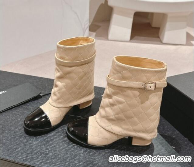 Good Product Chanel Calfskin Heel Ankle Boots with Foldover and Buckle Strap Beige 816078