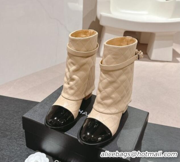 Good Product Chanel Calfskin Heel Ankle Boots with Foldover and Buckle Strap Beige 816078