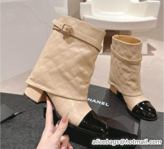 Good Product Chanel Calfskin Heel Ankle Boots with Foldover and Buckle Strap Beige 816078