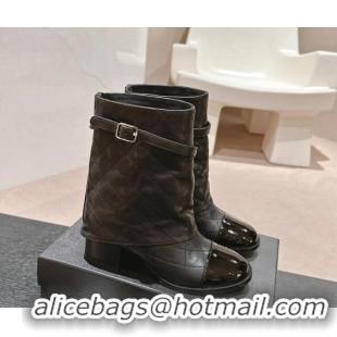 Duplicate Chanel Calfskin Heel Ankle Boots with Foldover and Buckle Strap Beige 816079