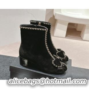 Top Grade Chanel Suede Heel Ankle Boots with Chain and Bow Black 816080